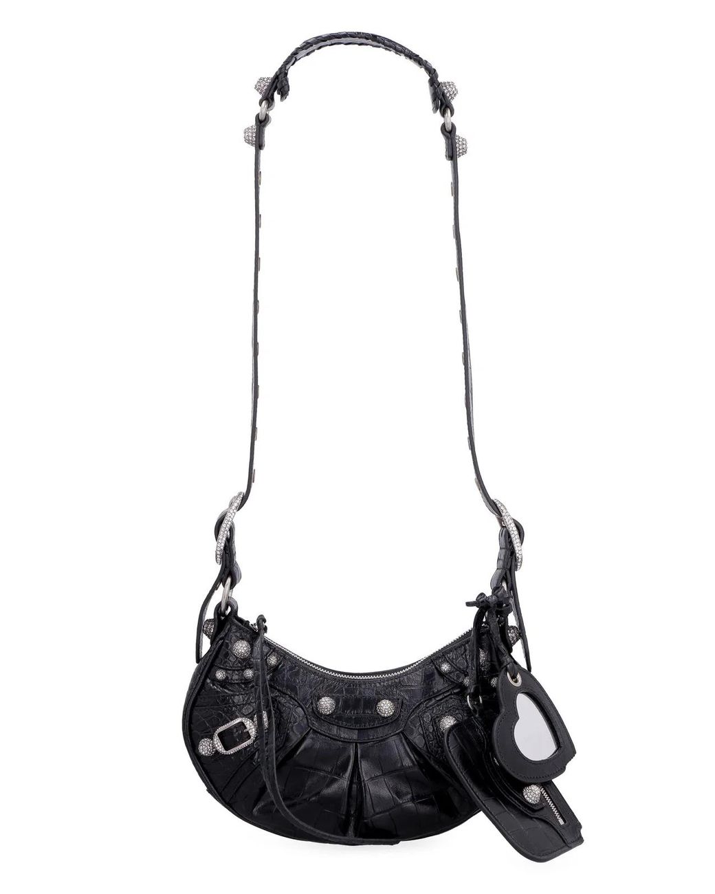Balenciaga Black Le Cagole Xs Crocodile-Effect Mini Bag With Rhinestones