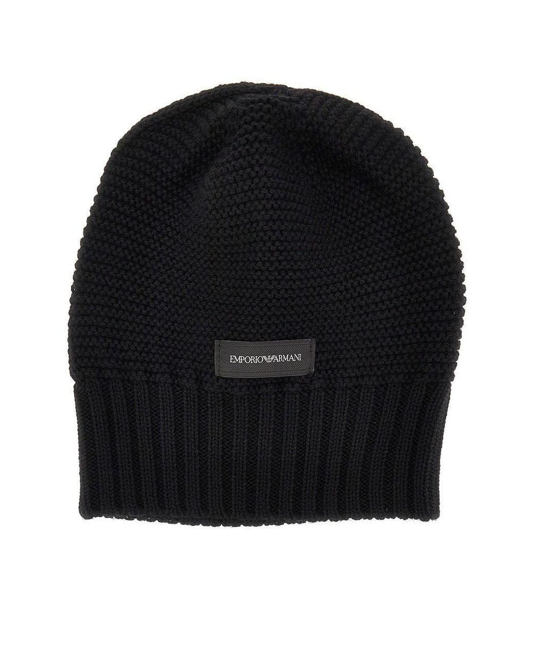 Emporio Armani Black Knitted Beanie Hat With Logo Label