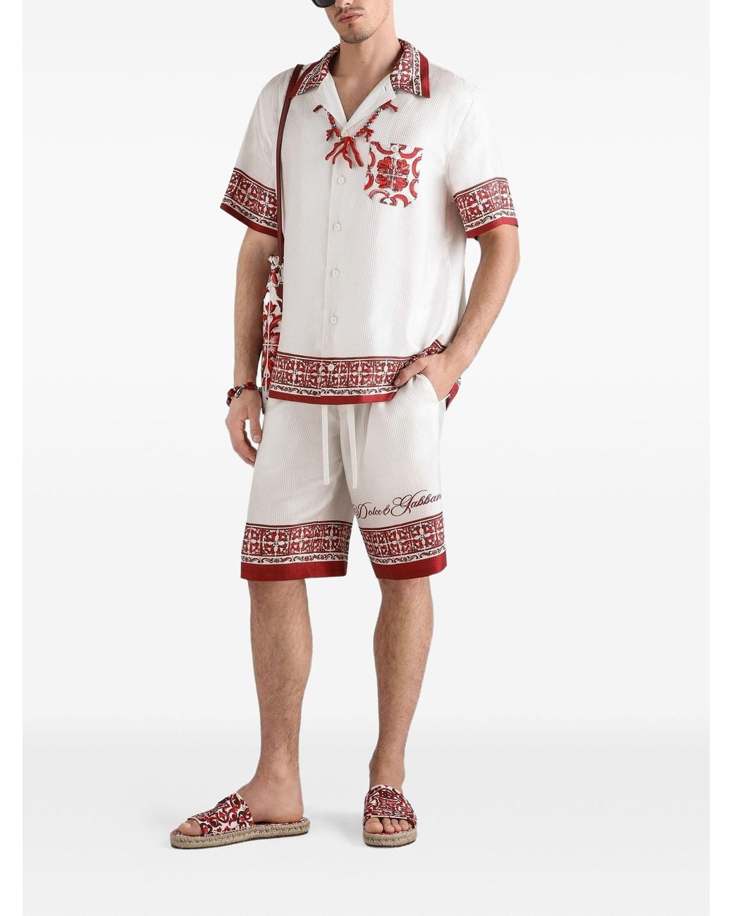 Dolce & Gabbana White Majolica-Print Jacquard Hawaii Shirt for men
