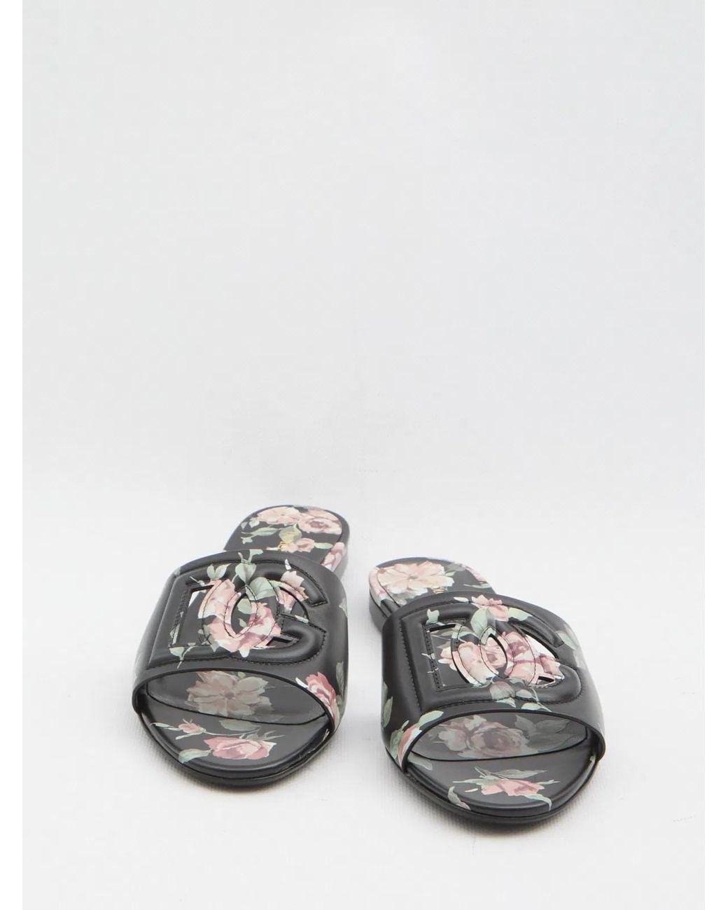 Dolce & Gabbana White Dolce & Gabbana Calfskin Flat Slippers With Rose Print