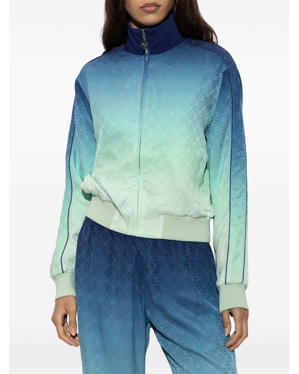 Casablanca Blue Monogram-Jacquard Zip-Up Sweatshirt