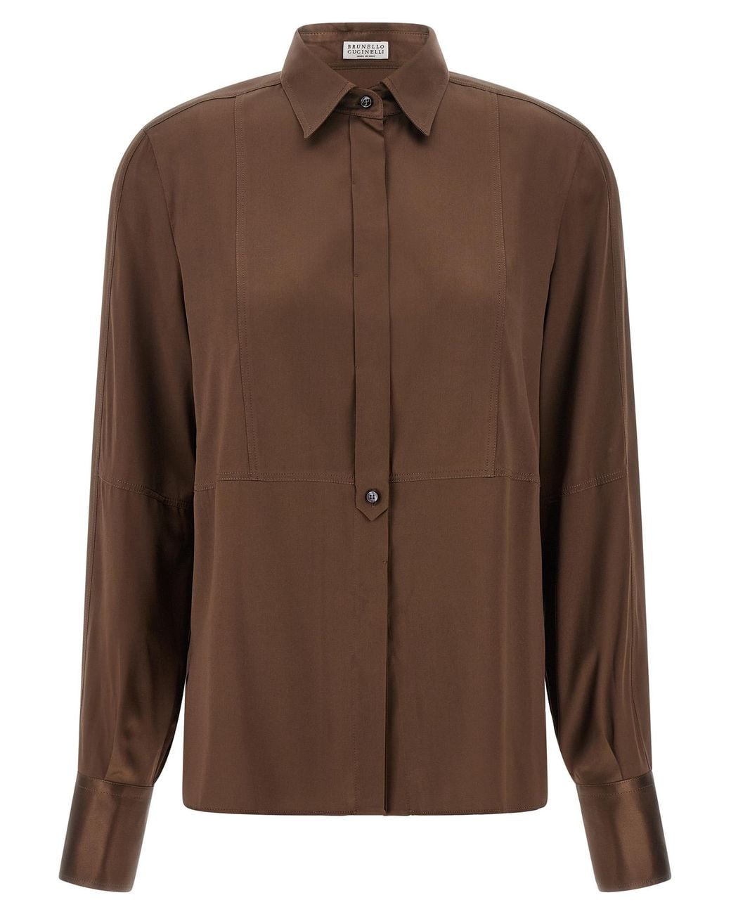Brunello Cucinelli Brown Stretch Silk Satin Shirt