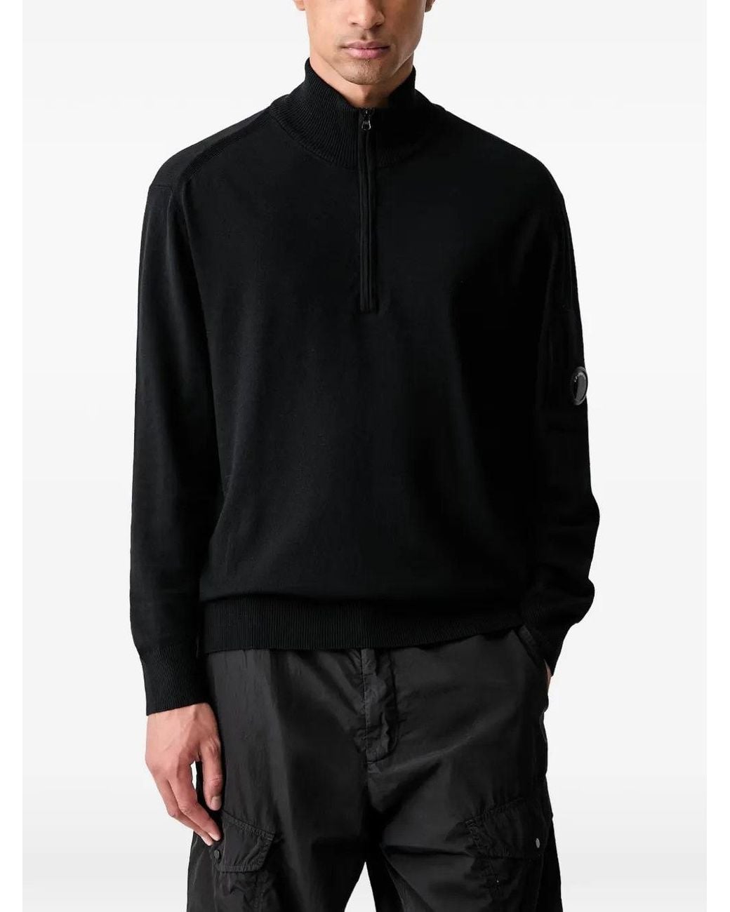 C P Company Black C.P.Company Extrafine Merino Wool Lens Half Zip Swea for men