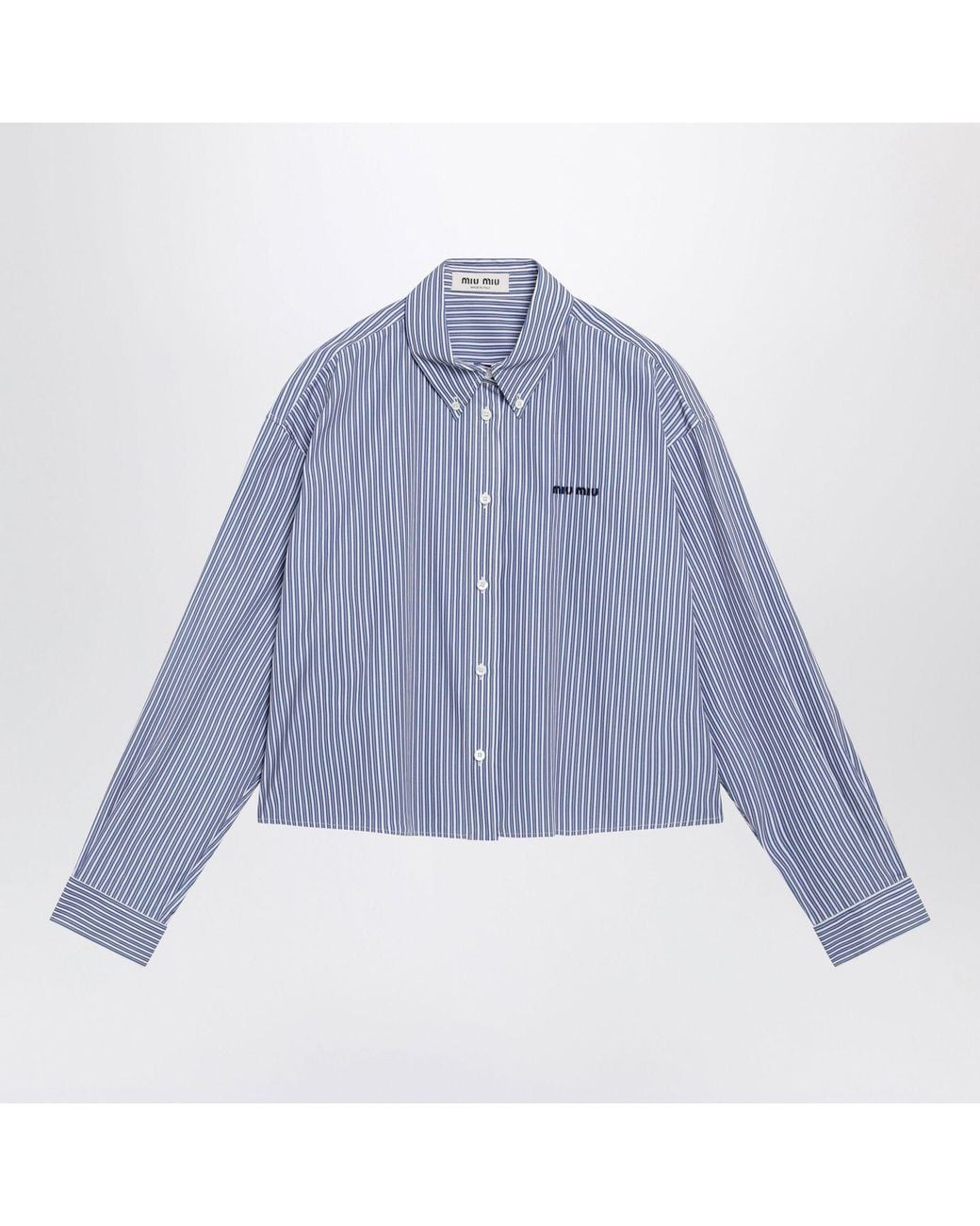 Miu Miu Blue Cobalt Striped Cropped Shirt With Logo Embroidery