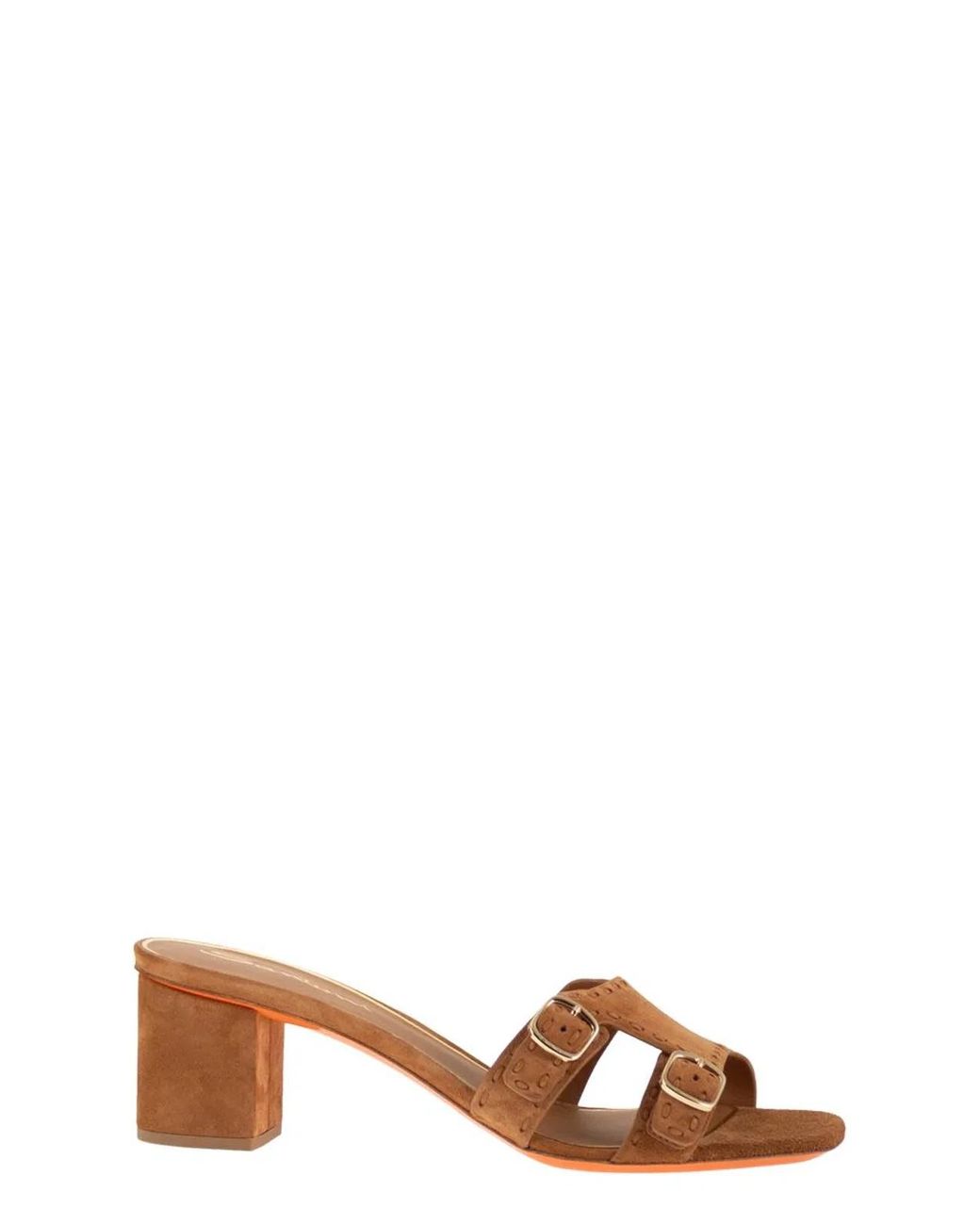 Santoni Brown Suede Mule Sandals With Double Buckle And Block Heel