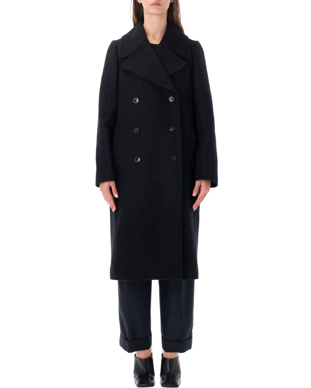 Dries Van Noten Black Double-Breasted Wool Coat