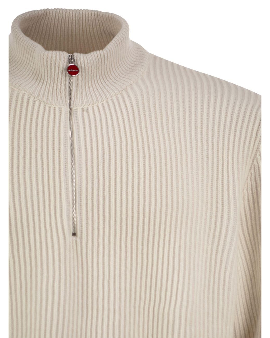 Kiton Natural Pure Cashmere Ribbed Half-Zip Jumper for men