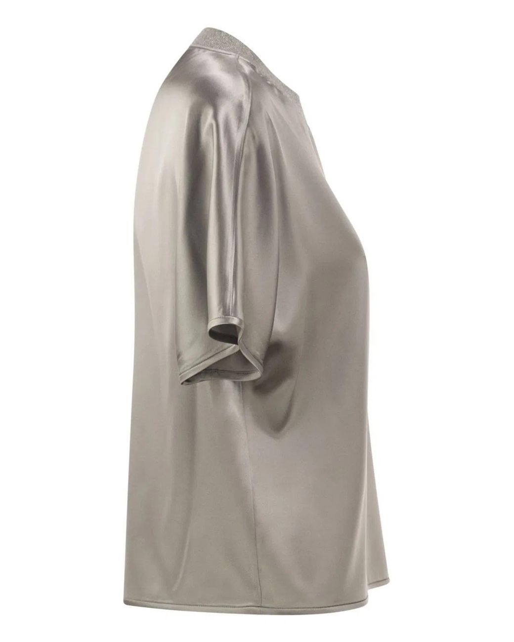 Peserico Gray Stretch Silk Blouse With Lurex Knit Neckline