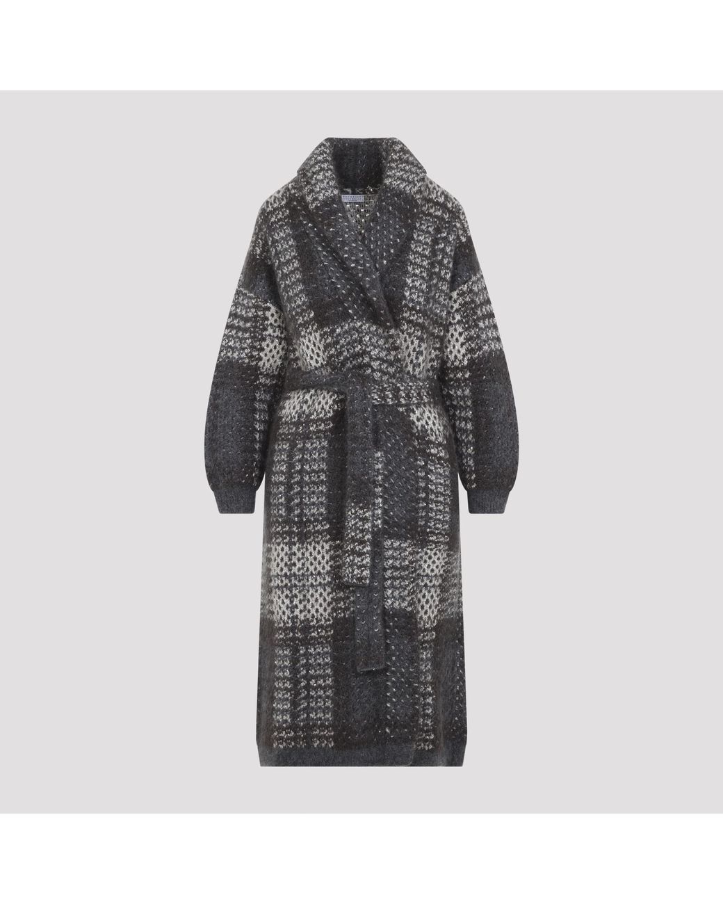 Brunello Cucinelli Gray Avorio Piombo Macrocheck Cardigan Coat