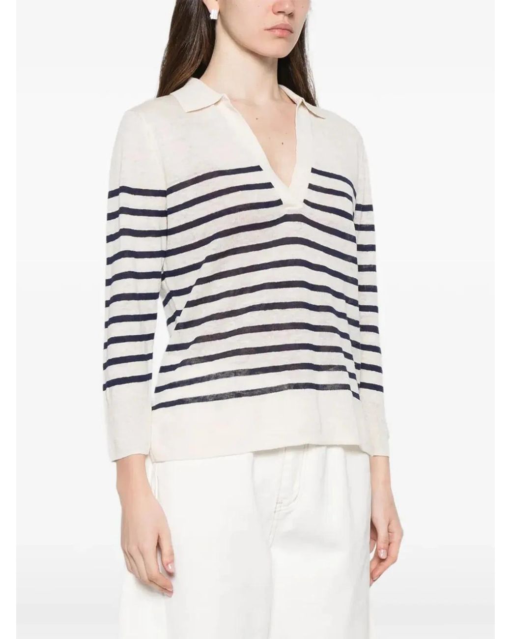 Majestic White Oversized Linen 100 Stripes Polo Shirt