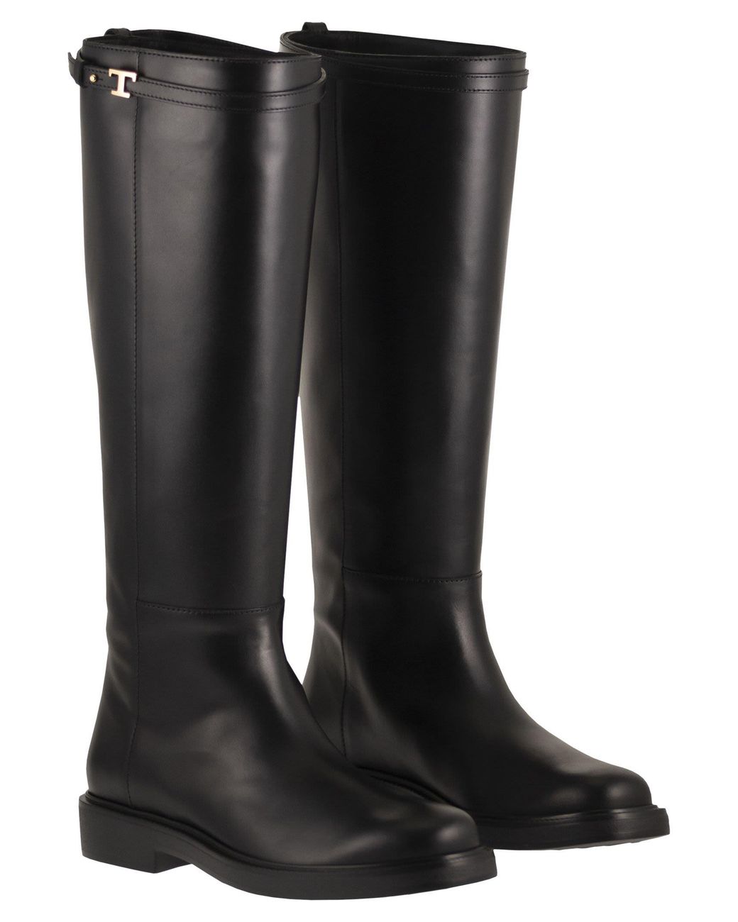 Tod's Black Calfskin Leather Knee-High Boots With T Detail