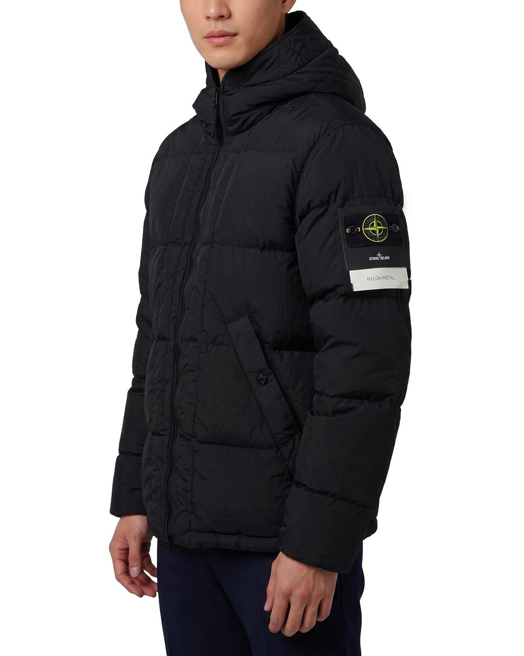Stone Island Black Nylon Metal Hooded Down Jacket With Compass Badge for men