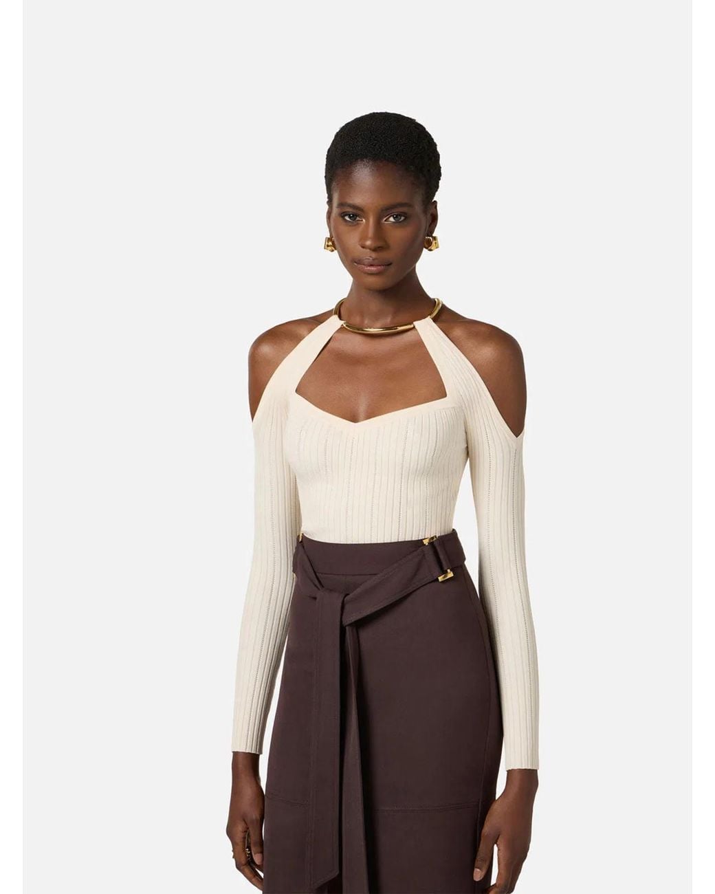 Elisabetta Franchi White Off-The-Shoulder Knit Top With Jewel Detail