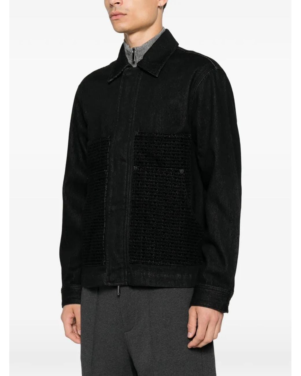 Emporio Armani Black Logo-Pattern Denim Jacket for men