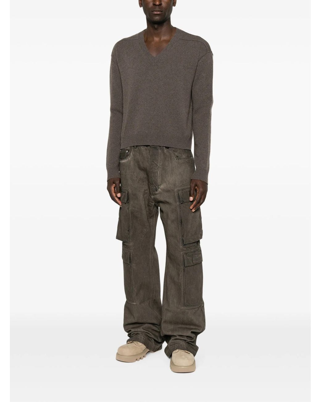 Rick Owens Brown V-Neck Sweater for men