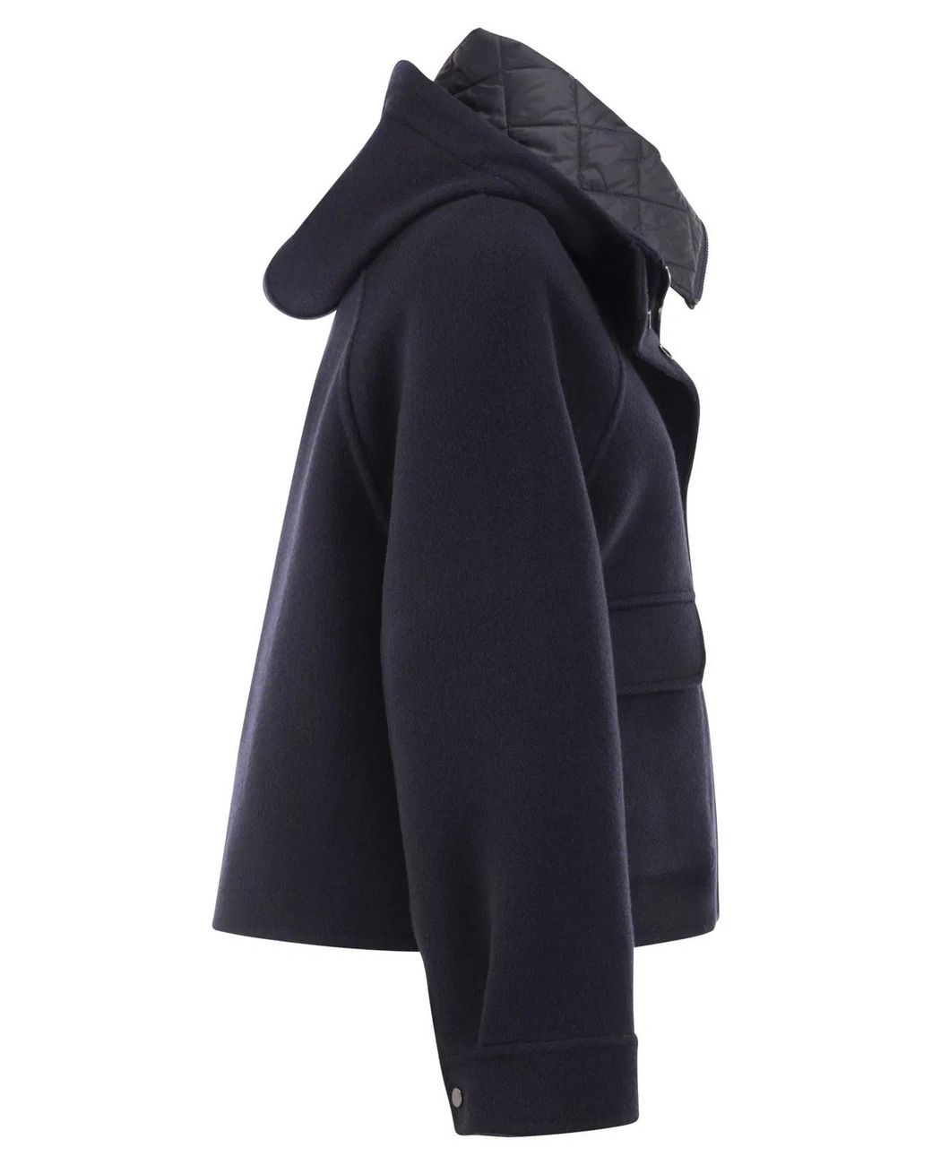 Brunello Cucinelli Blue Wool And Cashmere Hooded Jacket With Detachable Quilted Bib