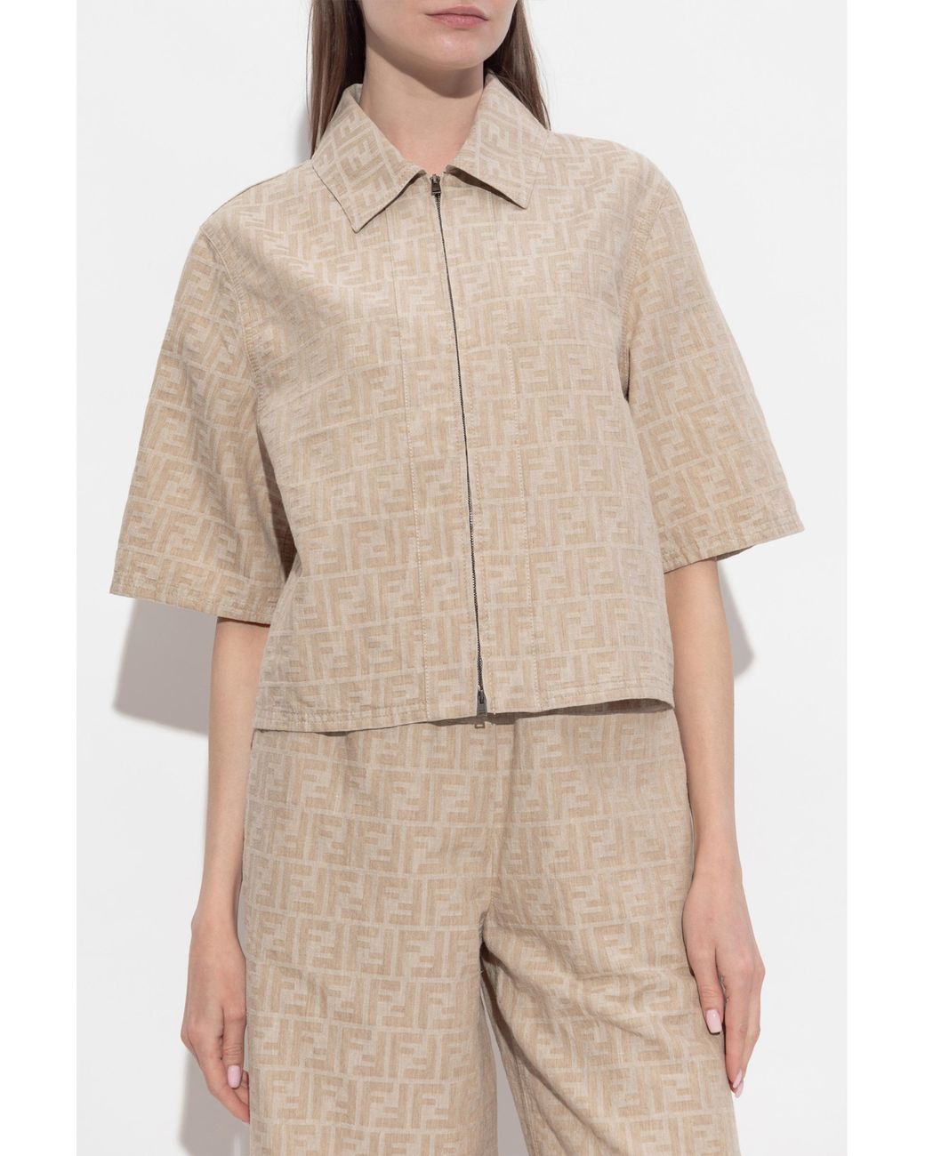Fendi Natural Zip-Front Jacket With Ff Motif