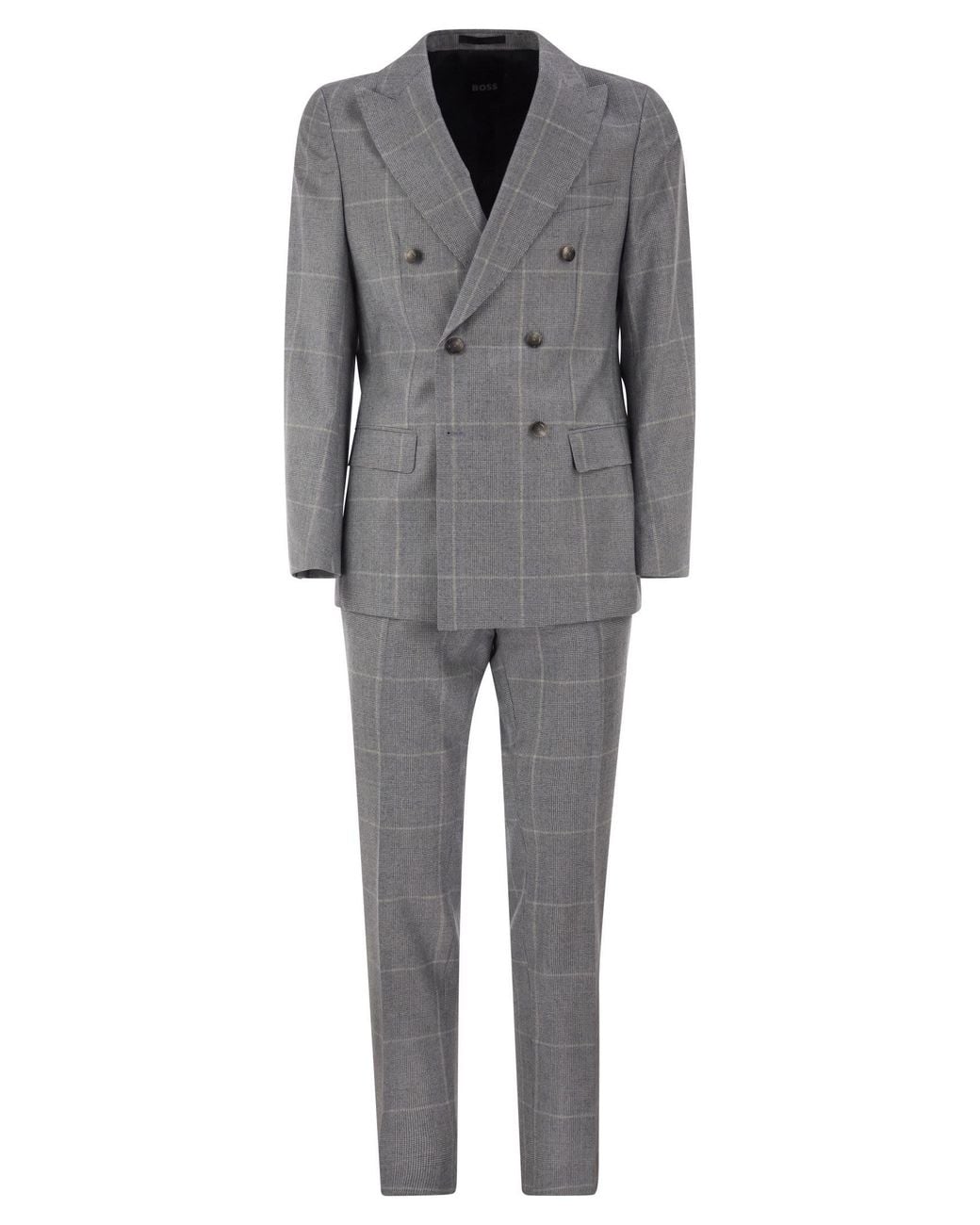 Boss Gray Virgin Wool Double-Breasted Suit With Check Pattern for men