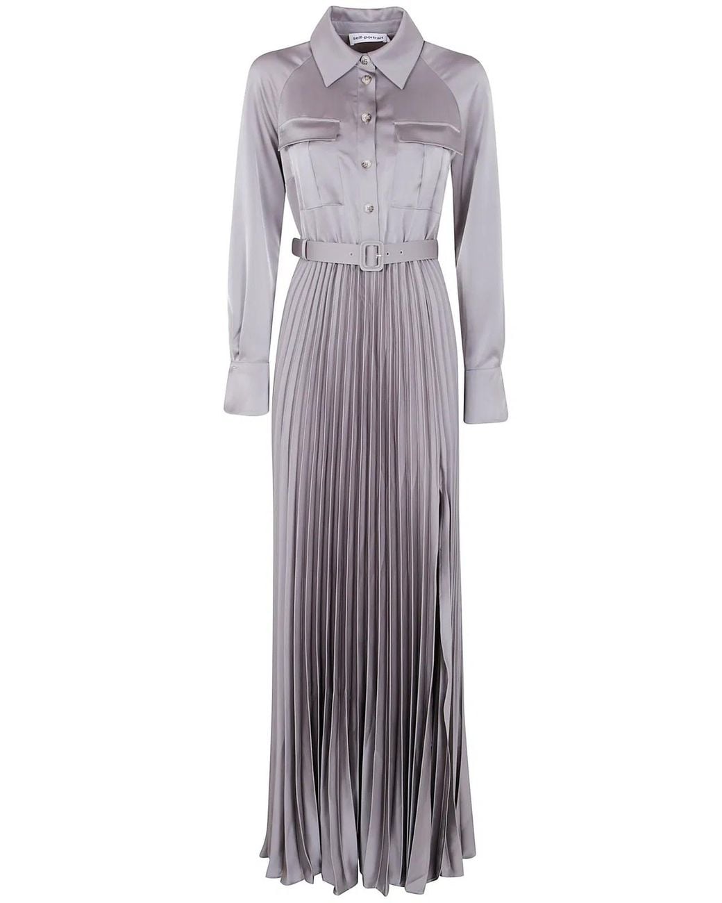 Self-Portrait Gray Satin Pleated Maxi Dress