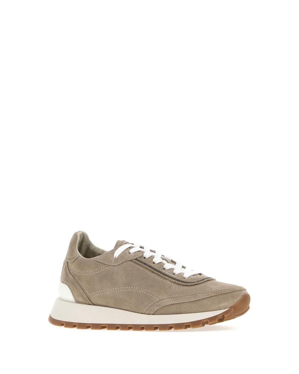 Brunello Cucinelli White Suede Calfskin Low-Top Trainers With Monili
