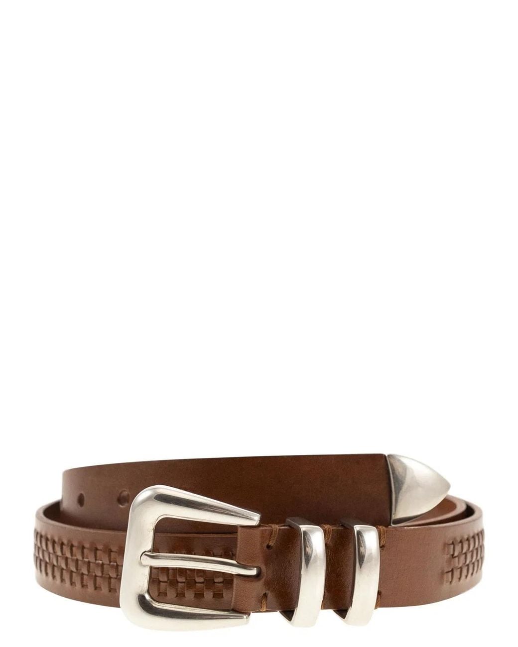Brunello Cucinelli Brown Calfskin Belt With Woven Decoration for men