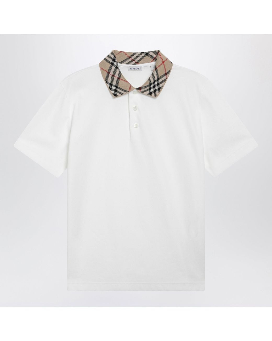 Burberry White Chalk Cotton Pique Polo Shirt With Check Collar for men
