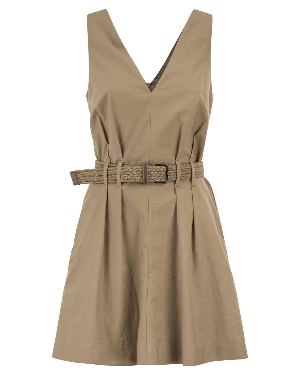 Brunello Cucinelli Natural Sleeveless Dress With Braided Belt