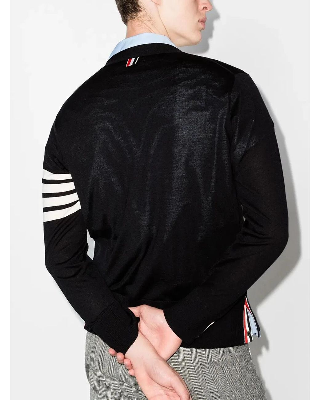 Thom Browne Black Cardigan Laine Mérinos Gris Chiné Col V Bandes Manche