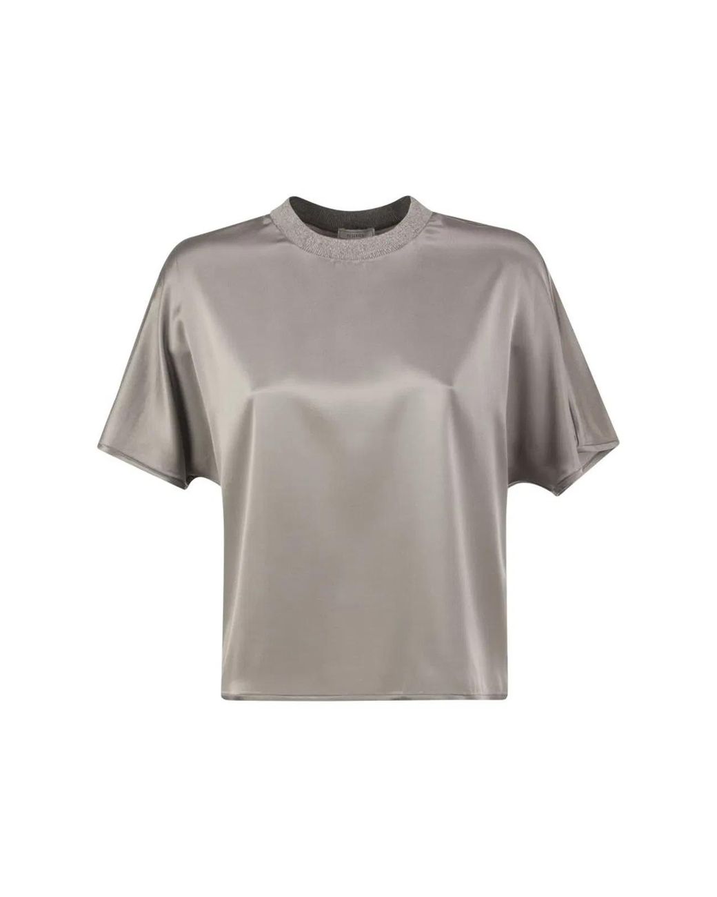Peserico Gray Stretch Silk Blouse With Lurex Knit Neckline