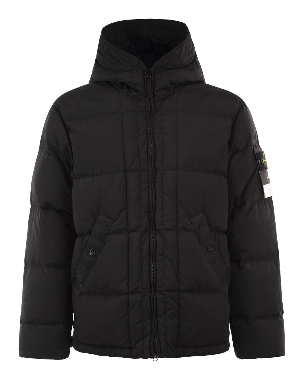 Stone Island Black Nylon Metal Hooded Down Jacket With Compass Badge