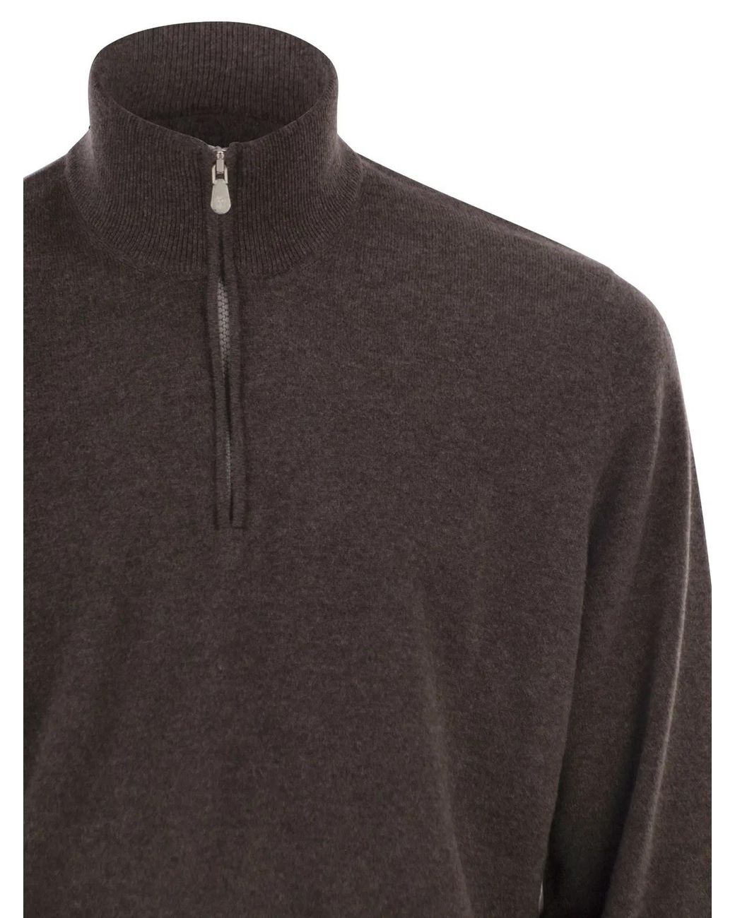 Brunello Cucinelli Brown Cashmere Turtleneck Sweater With Zipper for men