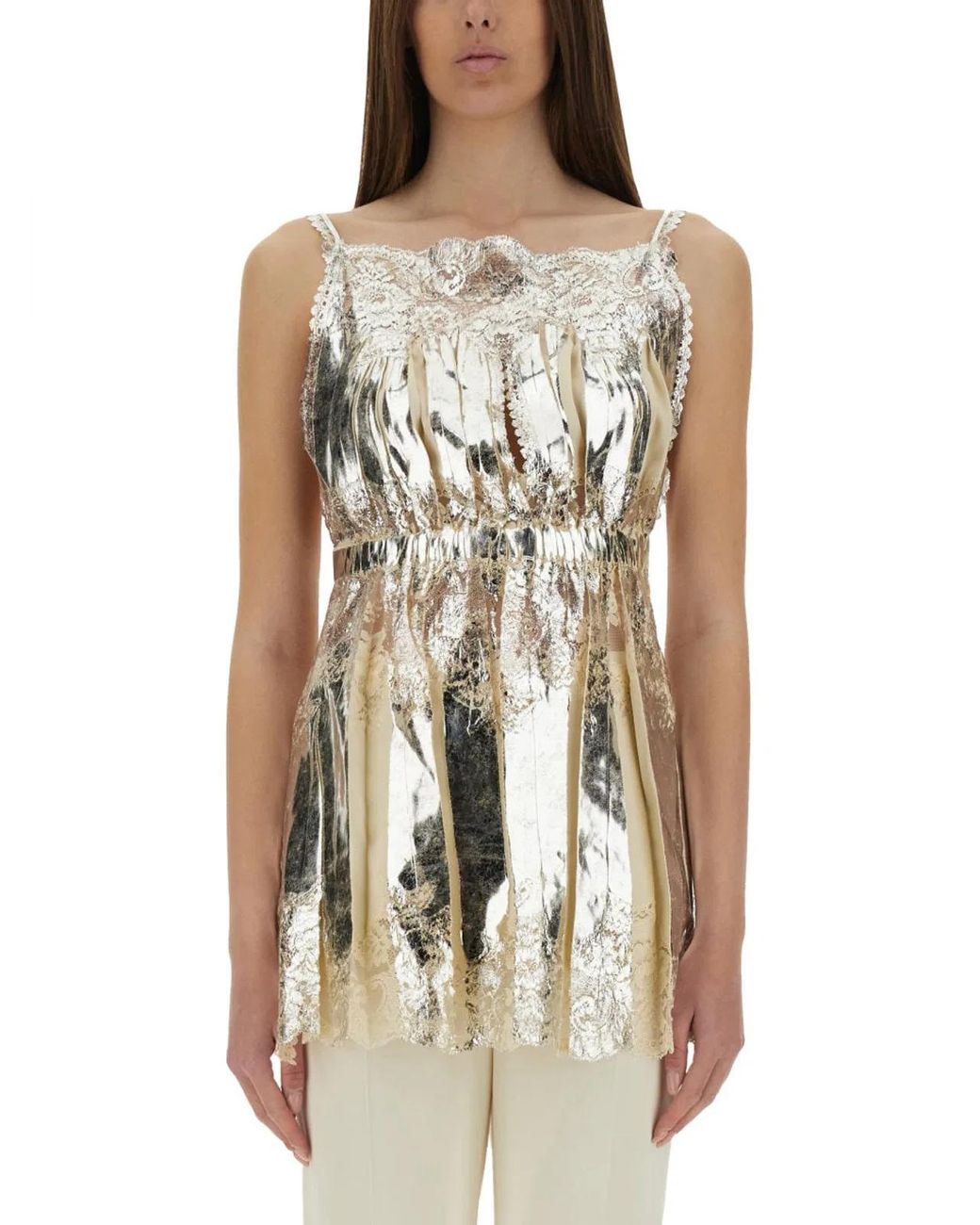 Rabanne Natural Laminated Pleated Satin Top
