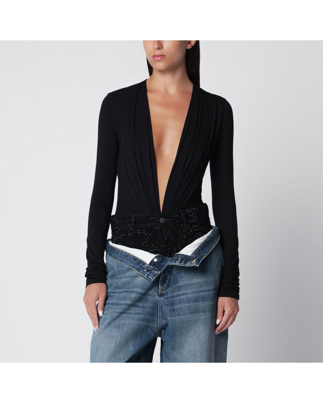 ANDAMANE Black Deep Neckline Stretch Jersey Bodysuit