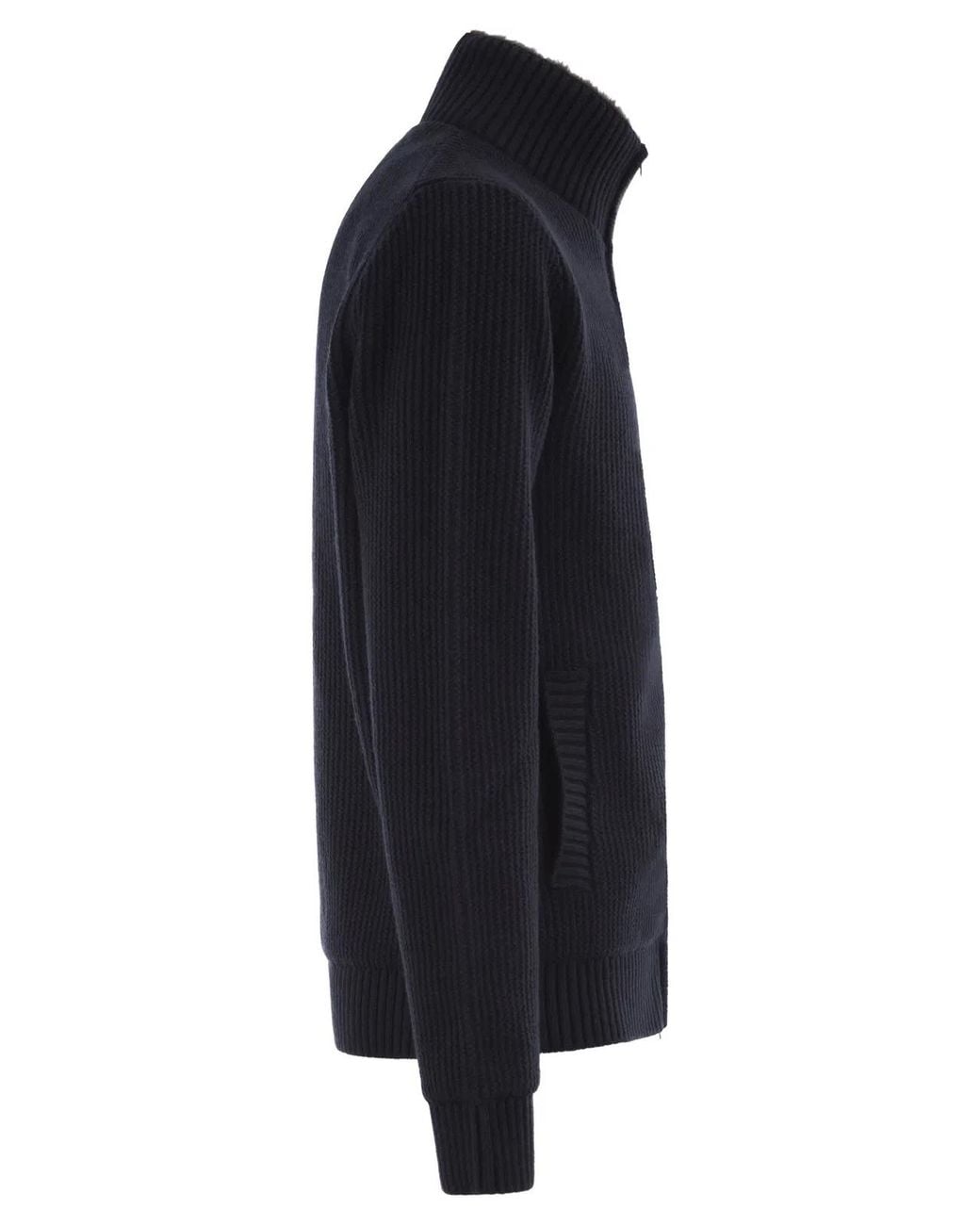 Herno Black Pure Wool Knit Jacket With High Collar And Faux Fur Lining for men