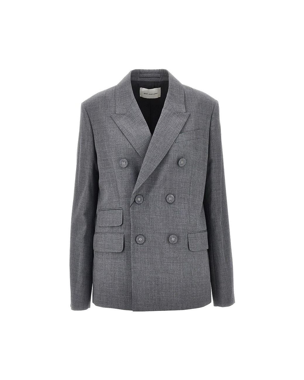 AMI Gray Double-Breasted Wool Blazer With Belt