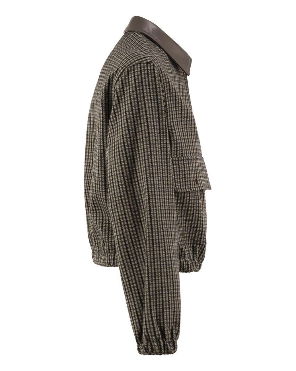 Fabiana Filippi Brown Short Houndstooth Bomber Jacket With Genuine Leather Collar