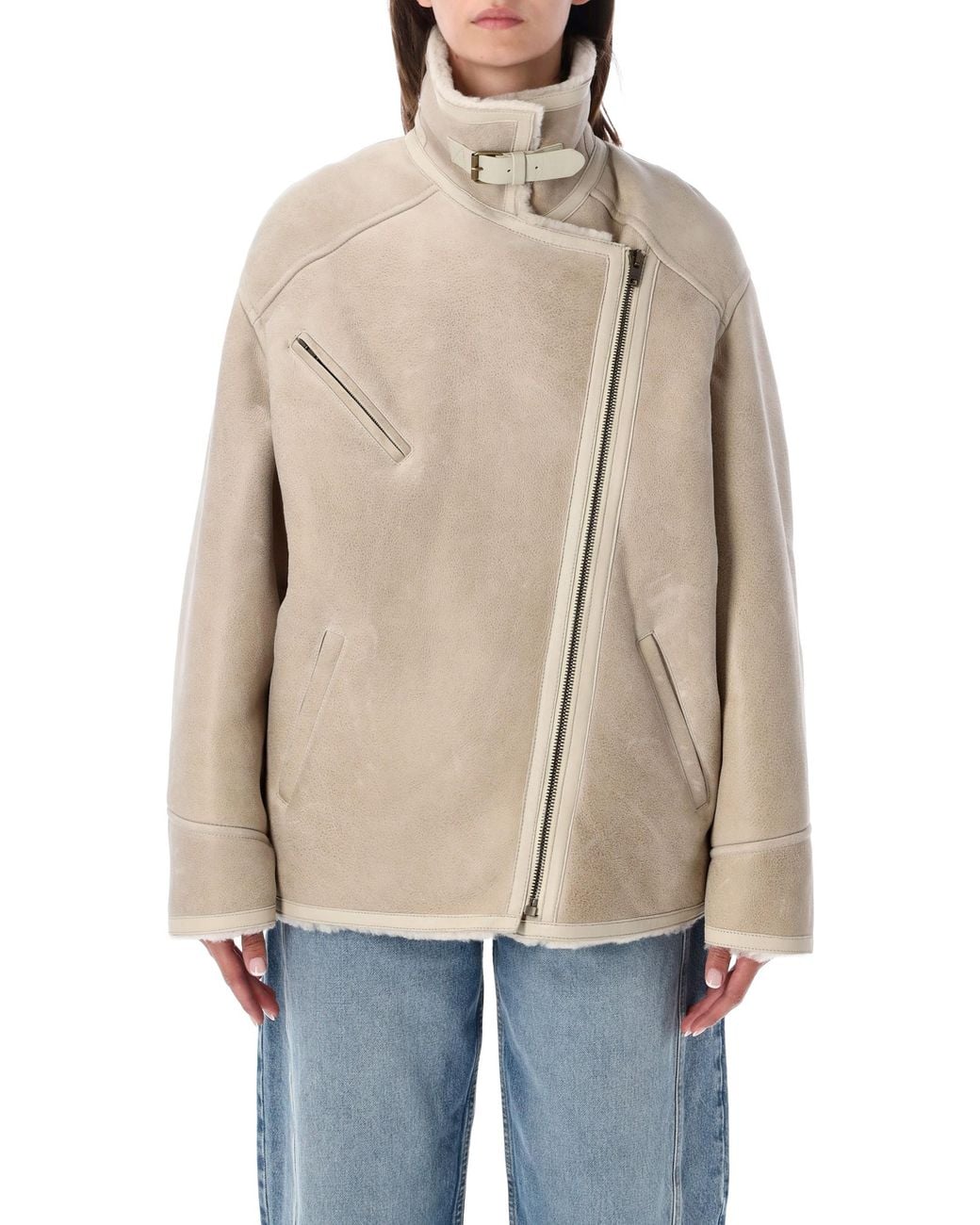 Isabel Marant Natural Adelina Shearling Jacket With Asymmetric Zip & High Buckled Collar