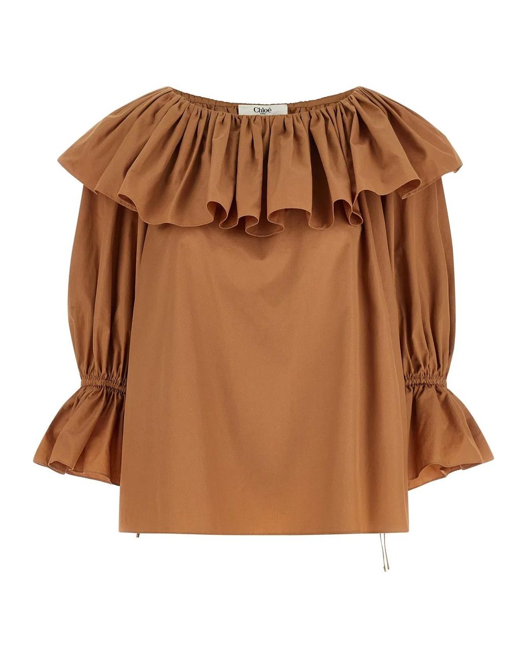 Chloé Brown Ruffled Cotton Blouse With Drawstring Cuffs For