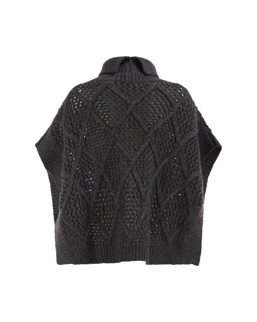 Peserico Black Virgin Wool Openwork Knit Roll-Neck Poncho