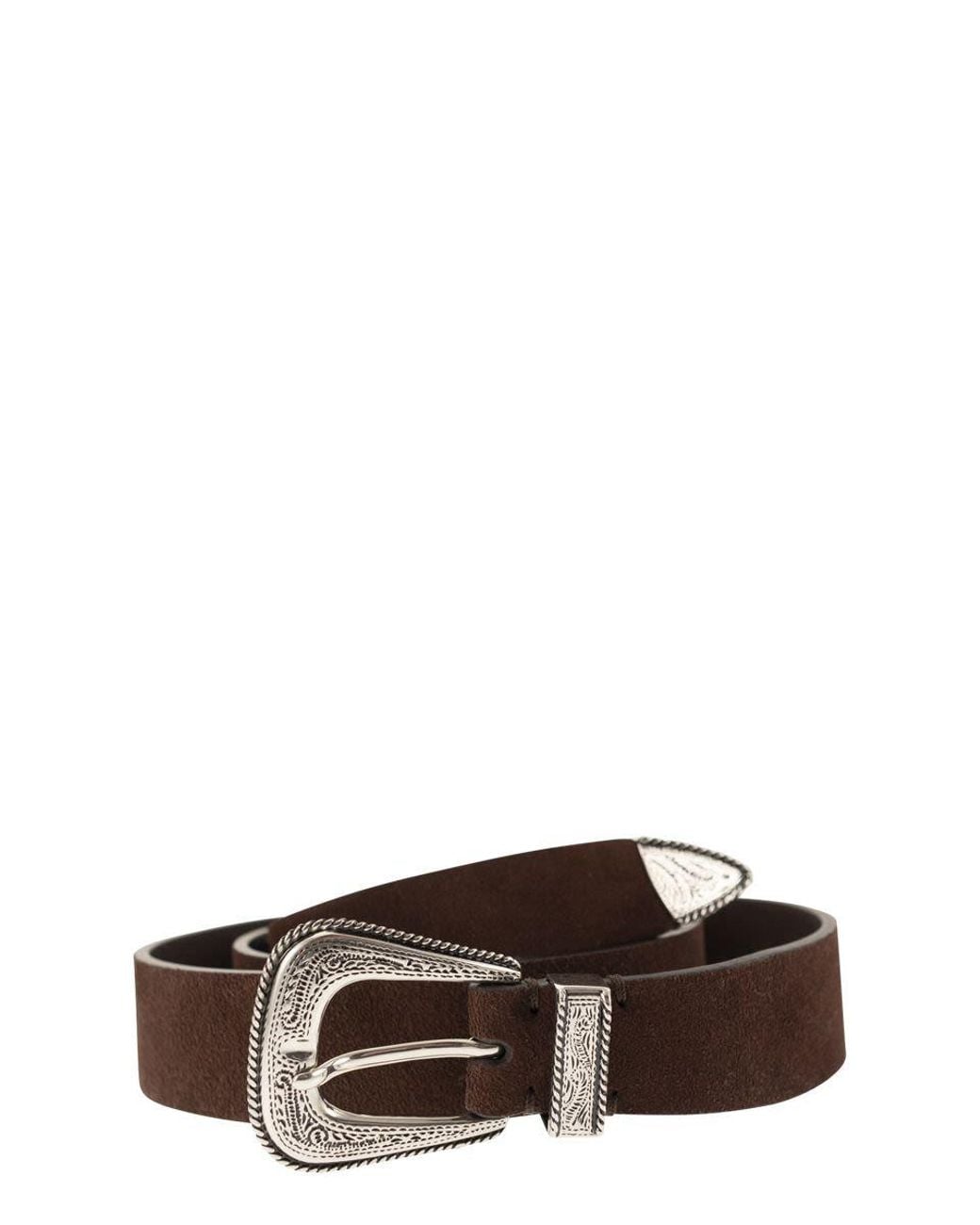 Brunello Cucinelli Brown Suede Leather Belt With Engraved Western Buckle for men