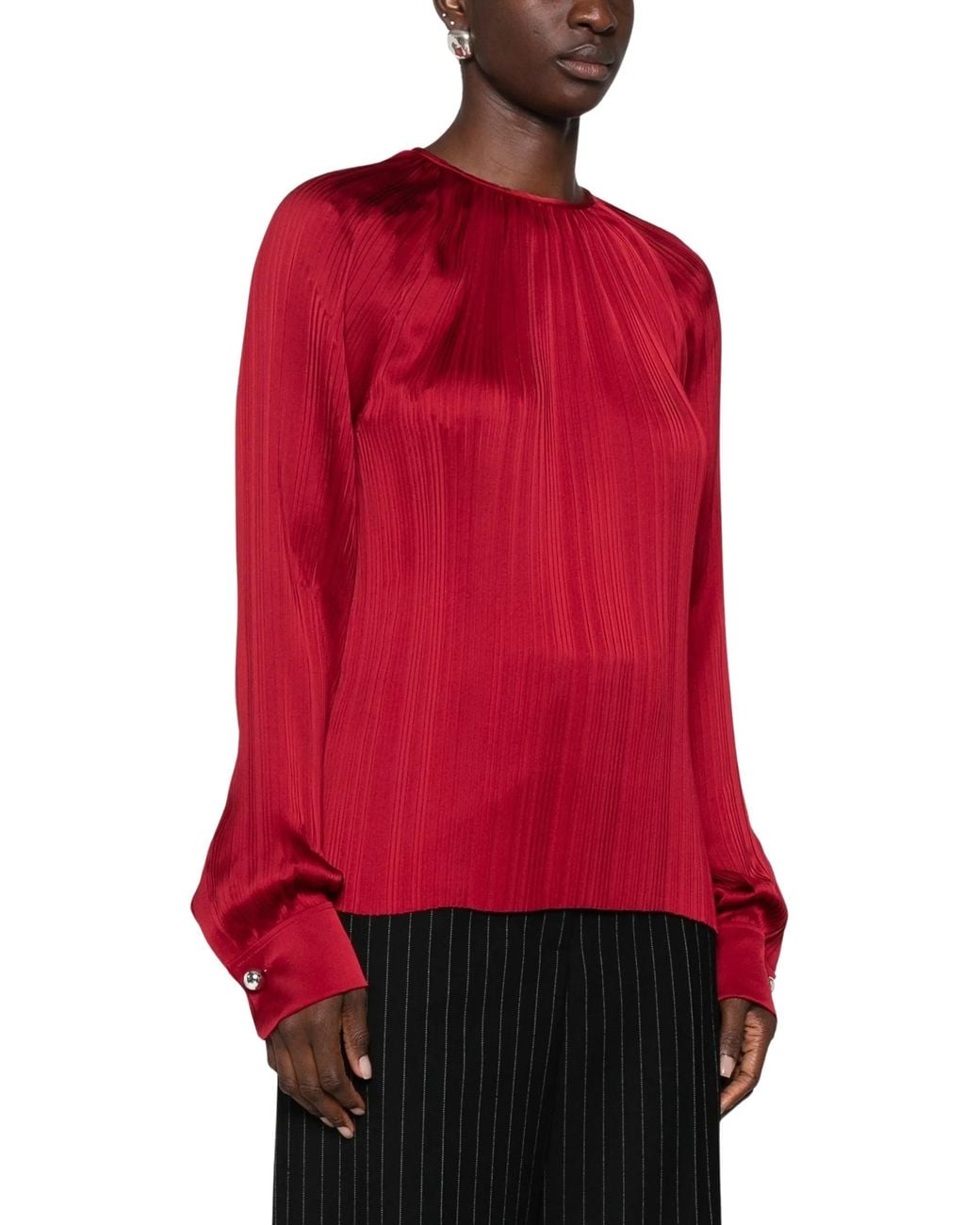 Lanvin Red Pleated Long-Sleeve Blouse