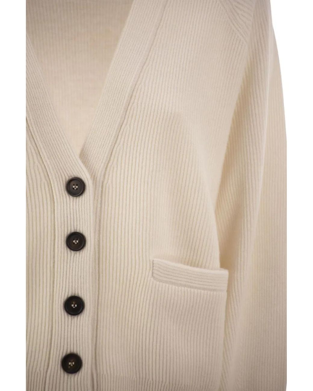 Brunello Cucinelli Natural Ribbed Cashmere V-Neck Cardigan