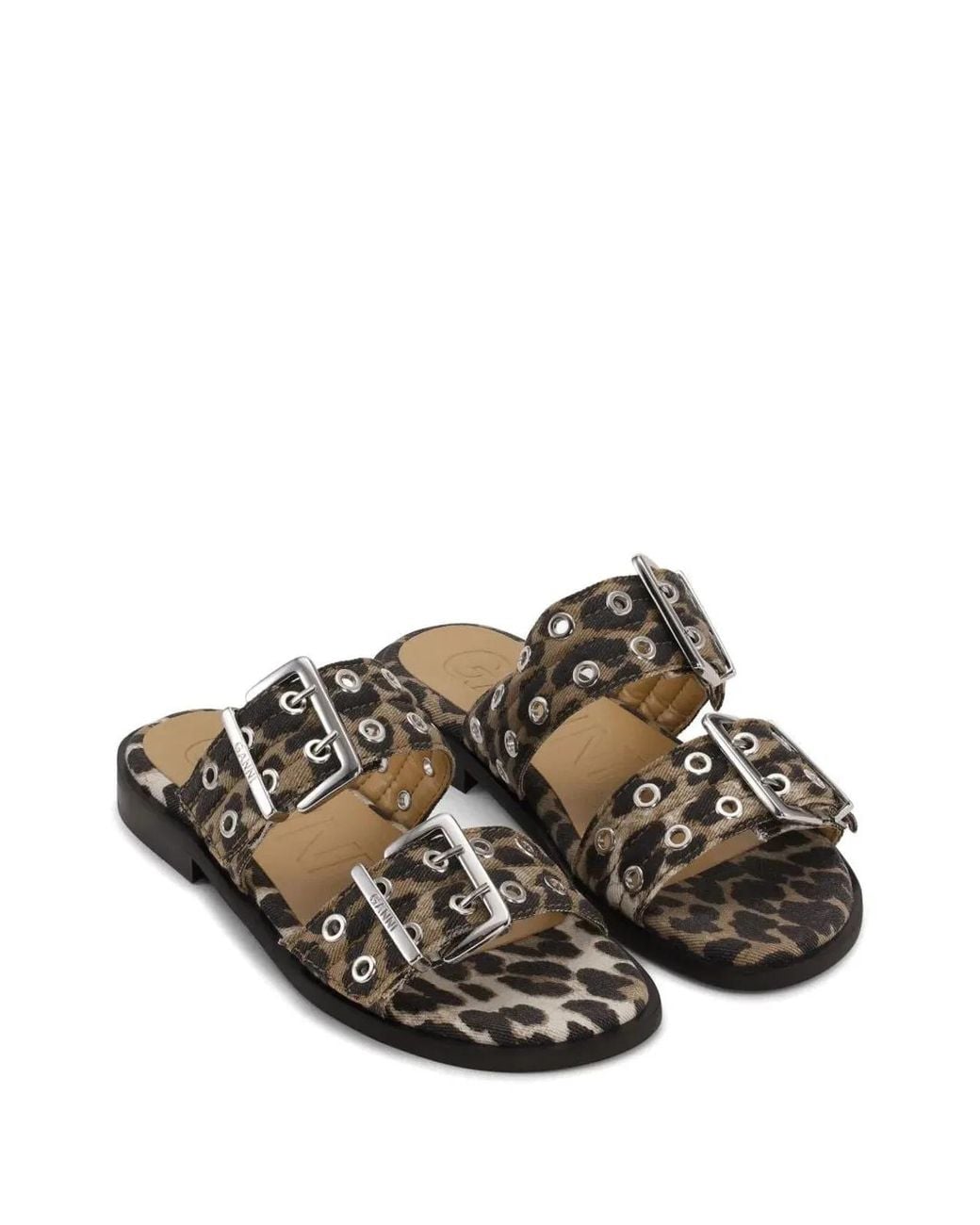 Ganni Black Feminine Buckle Leopard Print Sandals
