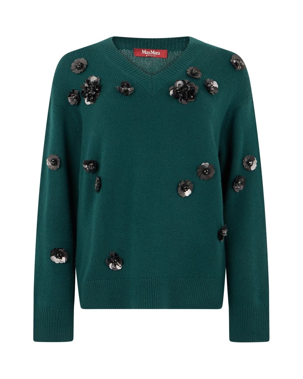 Max Mara Green Wool Sweater Mixed With Cashmere With Floral Applications