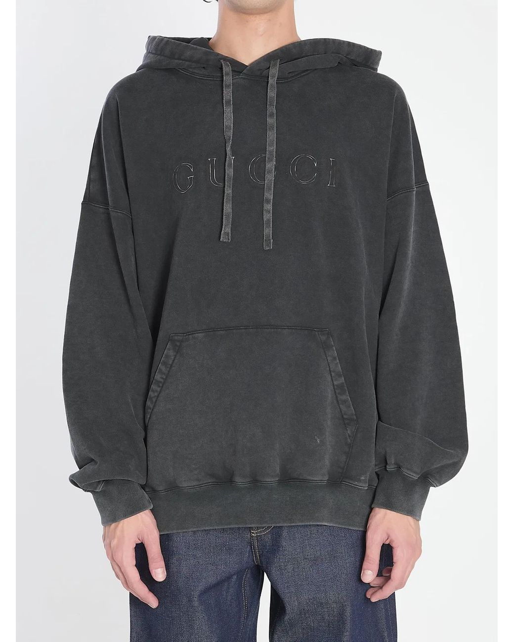 Gucci Gray Vintage Logo Drawstring Hoodie for men