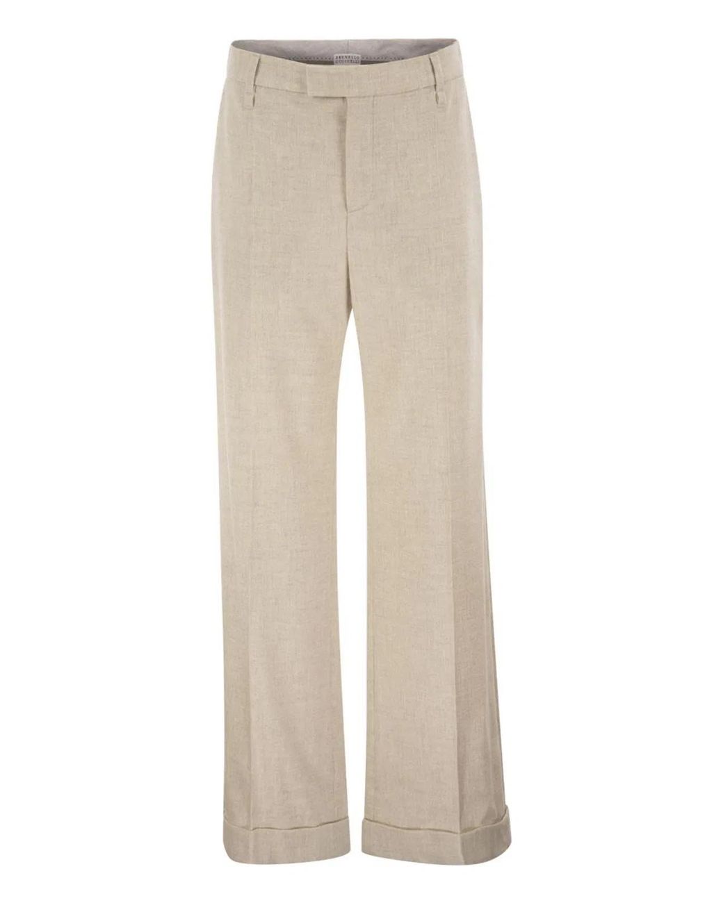 Brunello Cucinelli Natural Virgin Wool And Cashmere Tailored Trousers With Turn-Up Hem