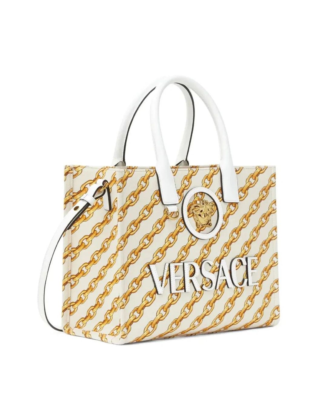 Versace Natural Printed Canvas Small Chain Stripes La Medusa Shopping Bag