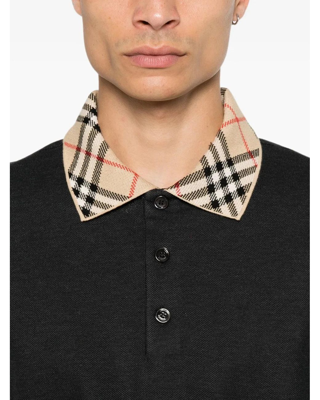 Burberry Black Check-Collar Cotton Polo Shirt for men