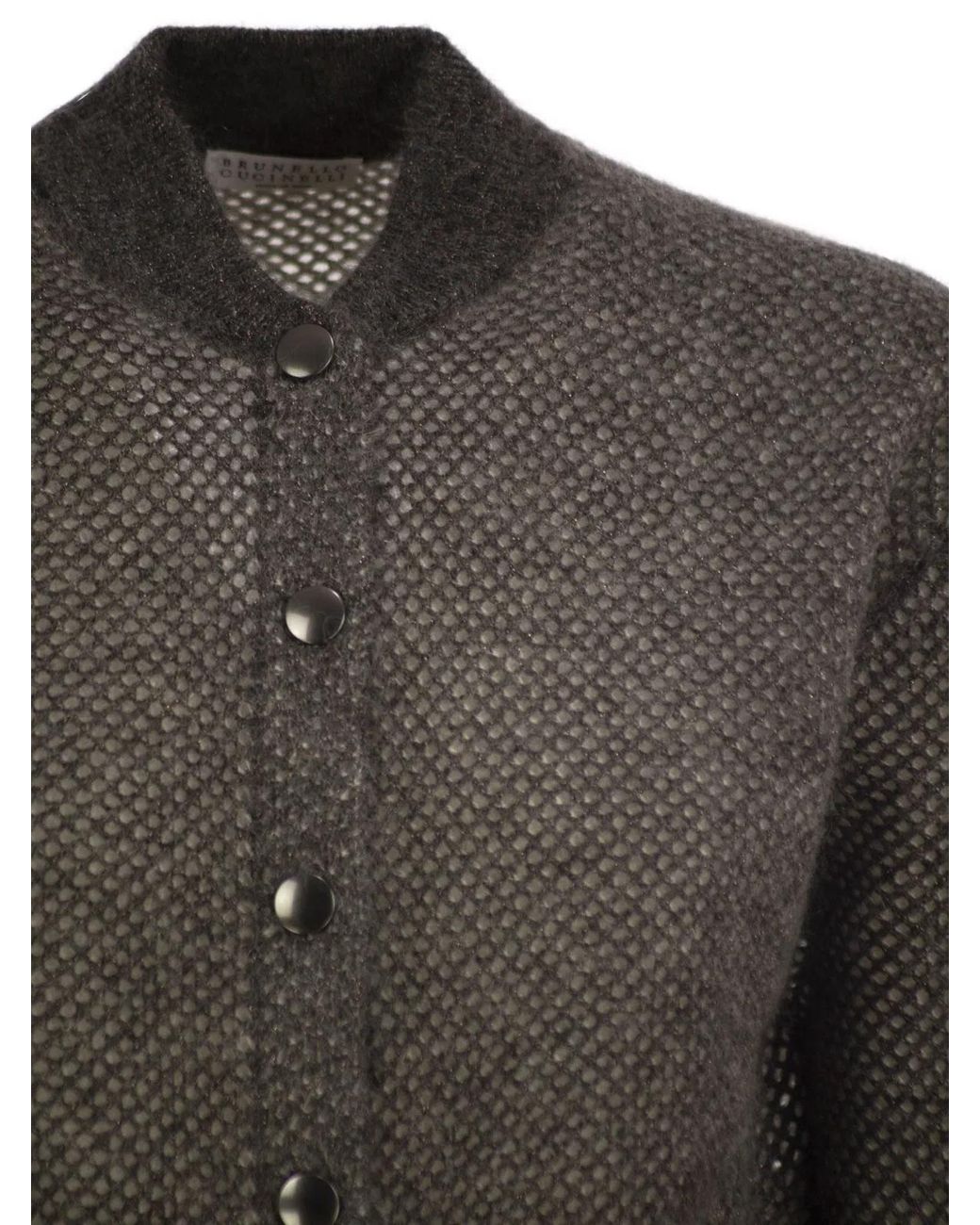 Brunello Cucinelli Gray Openwork Mohair Cardigan With Shimmering Yarn