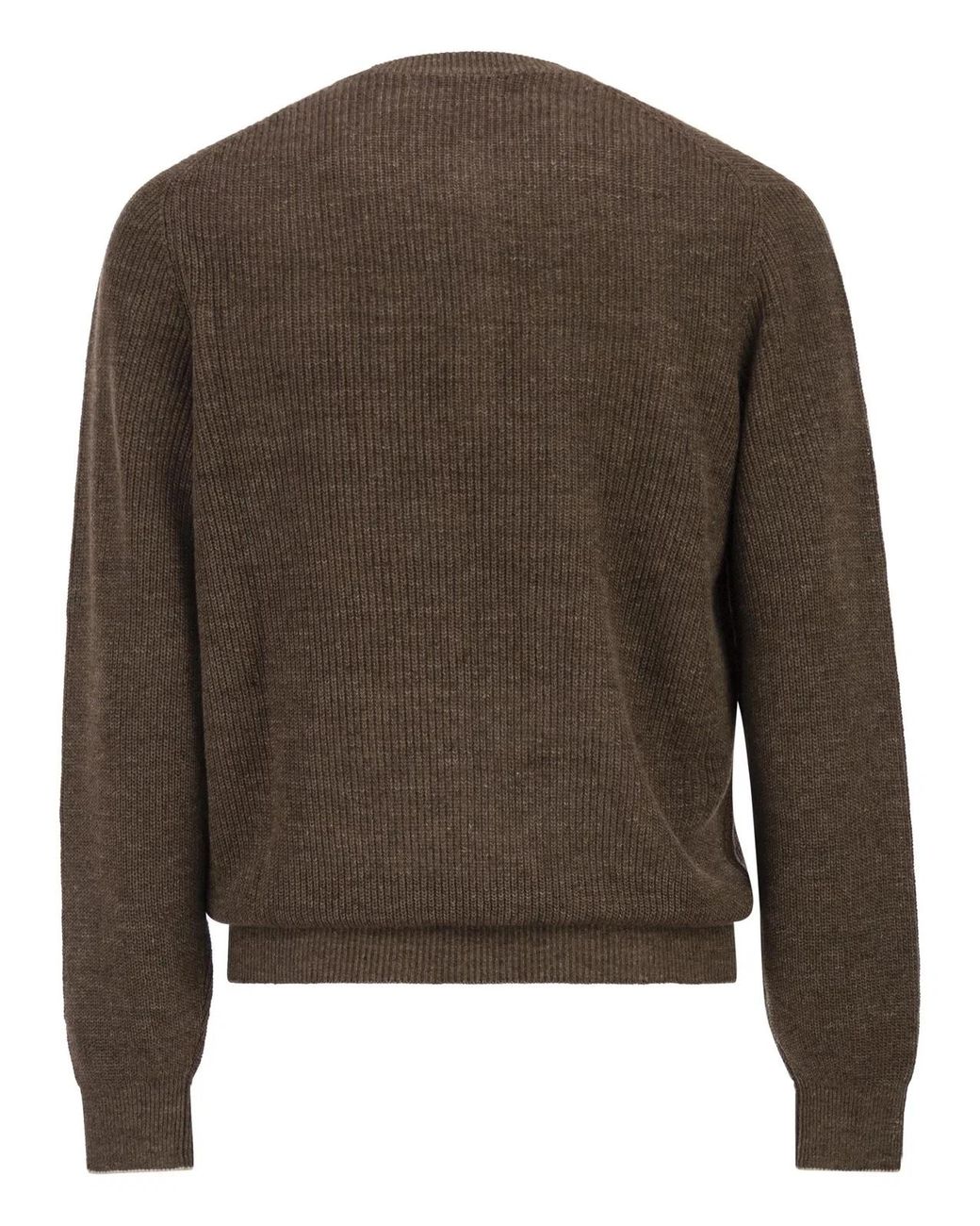 Brunello Cucinelli Brown Cotton And Linen Half-Ribbed Crew Neck Jumper for men